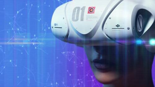 Videohive - loop animation. portrait of girl in vr helmet on digital background. side view - 35529795 - 35529795