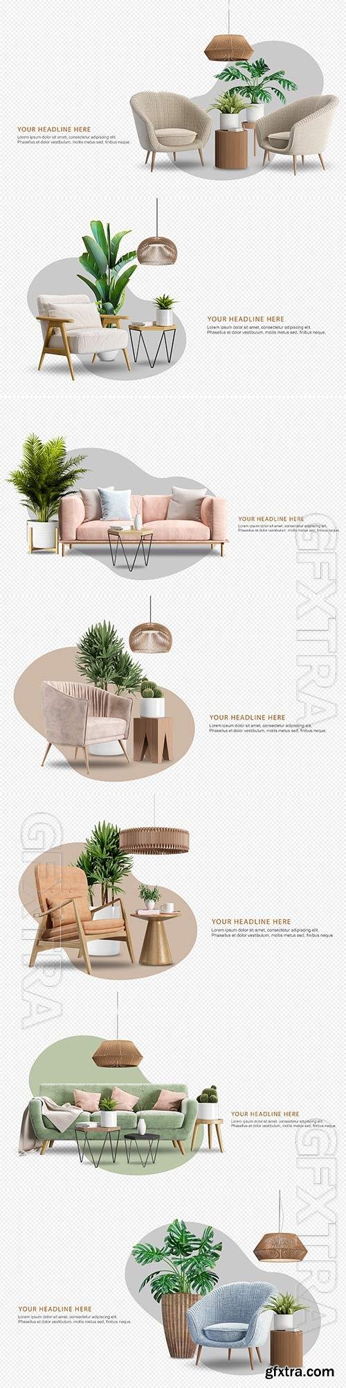 Set of interior furniture in 3d rendering psd