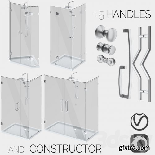 Angled glass shower cabins, designer and handle set