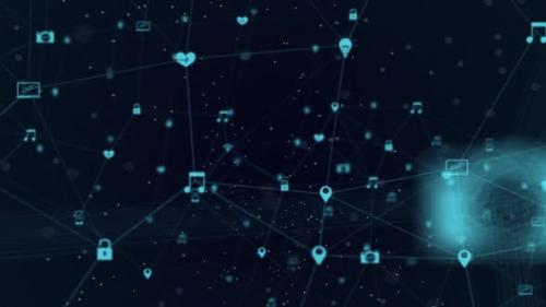 Videohive - Animation of blue network connections with multimedia icons on black background - 35624243 - 35624243