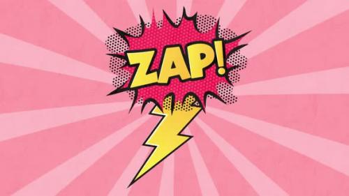 Videohive - Animation of a cartoon bubble with ZAP written in yellow on a pink striped background - 35624301 - 35624301