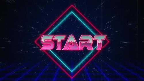 Videohive - Retro Start text glitching over blue and red squares 4k - 35623126 - 35623126