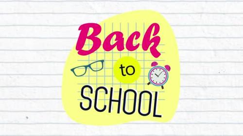 Videohive - Animation of Back to School written in pink and black on a yellow form on white background - 35624302 - 35624302