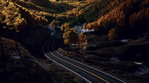 Videohive - Aerial Over a Winding Forest Road in Finland During Sunset - 35763133 - 35763133