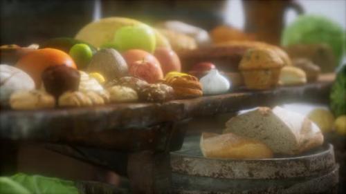 Videohive - Food Table with Wine Barrels and Some Fruits Vegetables and Bread - 35698724 - 35698724