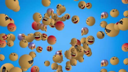 Videohive - Emoji icons flying on blue background 4k - 35623414 - 35623414