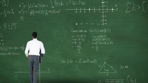 Videohive - Back view of man thinking in front of moving maths calculations on chalkboard - 35623498 - 35623498