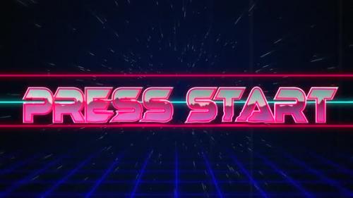 Videohive - Retro Press Start text glitching over blue and red lines on white hyperspace effect - 35623508 - 35623508