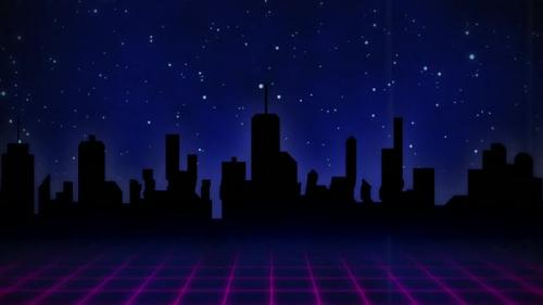 Videohive - Pink squared floor moving over dark city against blue universe background 4k - 35623527 - 35623527