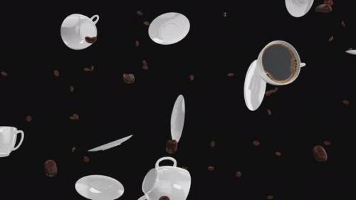 Videohive - Falling cups, saucers and grains of coffee on a transparent background. - 35636864 - 35636864