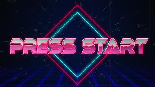 Videohive - Retro Press Start text glitching over blue and red squares on white hyperspace effect - 35623099 - 35623099