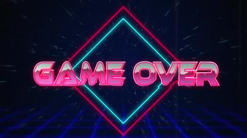 Videohive - Retro Game over text glitching over blue and red triangles 4k - 35623478 - 35623478