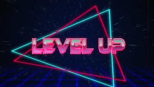 Videohive - Retro Level Up text glitching over blue and red triangles on white hyperspace effect - 35623494 - 35623494