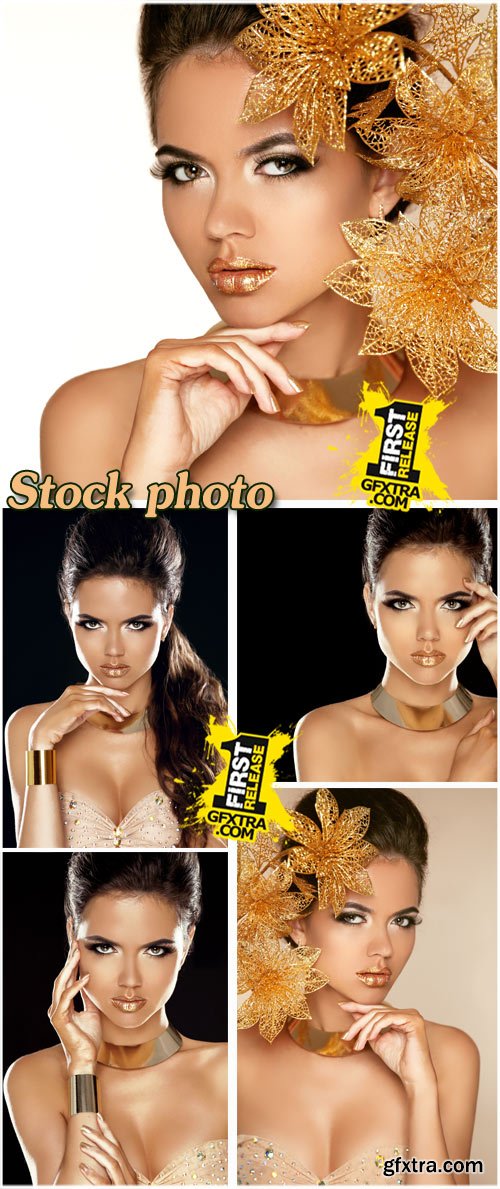 Glamour girl with gold flowers - Raster clipart