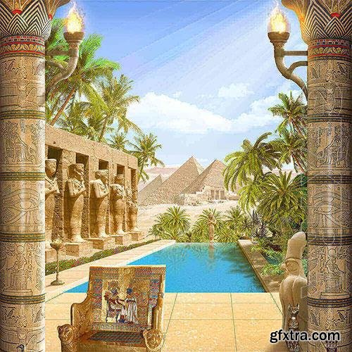 3D texture palm trees and Egyptian pyramids