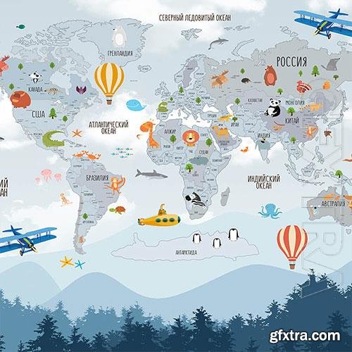 3D texture world map and flying transport balloons