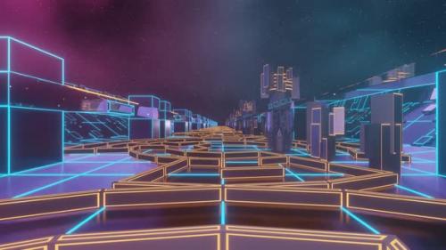 Videohive - 3D Rendering Animation of an Abstract Colored Cosmic City with Neon Lights Fog - 35917575 - 35917575