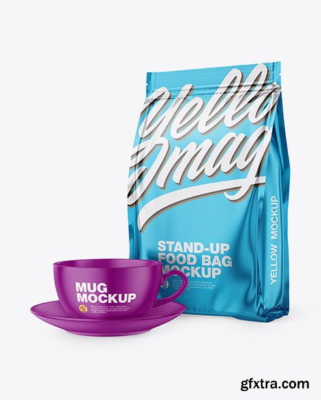 Metallic Stand-Up Bag with Matte Coffee Mug Mockup 65859