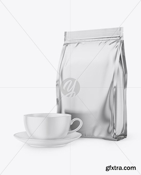 Metallic Stand-Up Bag with Matte Coffee Mug Mockup 65859