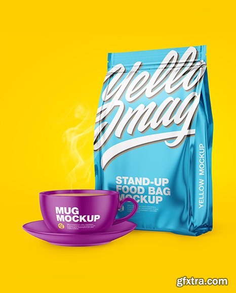 Metallic Stand-Up Bag with Matte Coffee Mug Mockup 65859