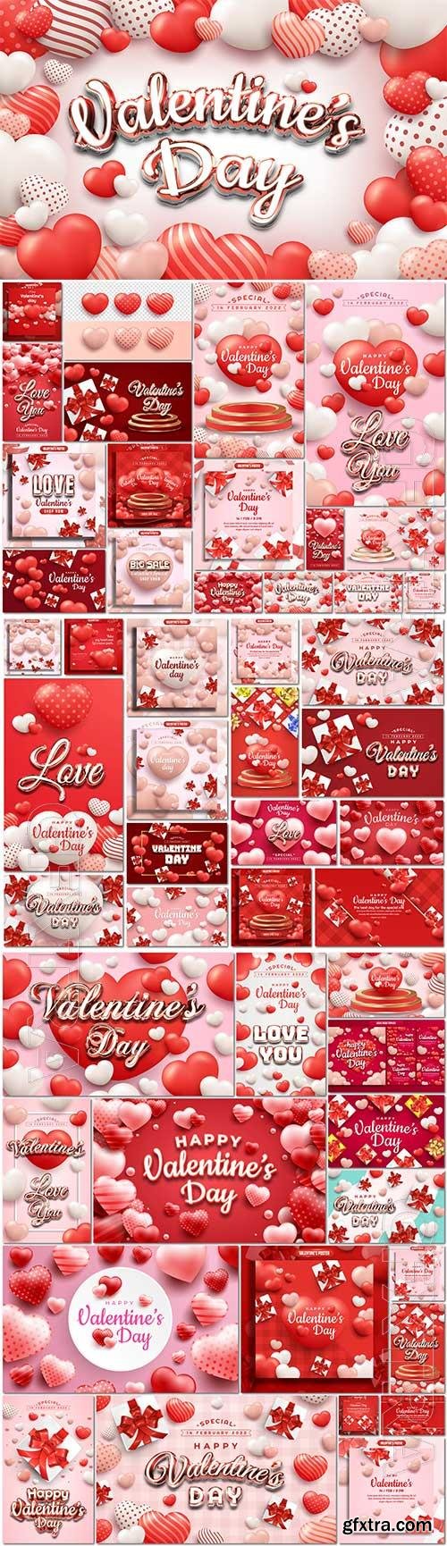 Romantic valentines day vector sett with gift box and realistic hearts