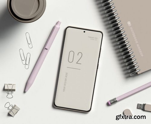 Smartphone with office items mockup