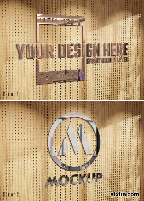 Logo Mockup with 3D Glossy Effect on Sunlit Wooden Wall 468263447