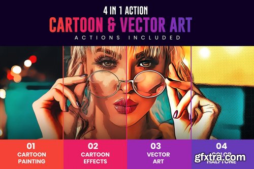 CreativeMarket - 4in1 Cartoon & Vector Art Ps Action 6789030