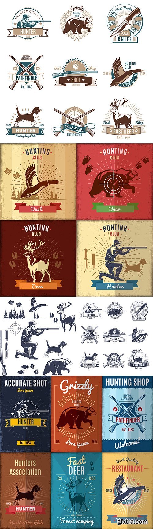 Hunting wild animals and birds design emblem and logo club vintage Hunting wild animals and birds design emblem and logo club vintage