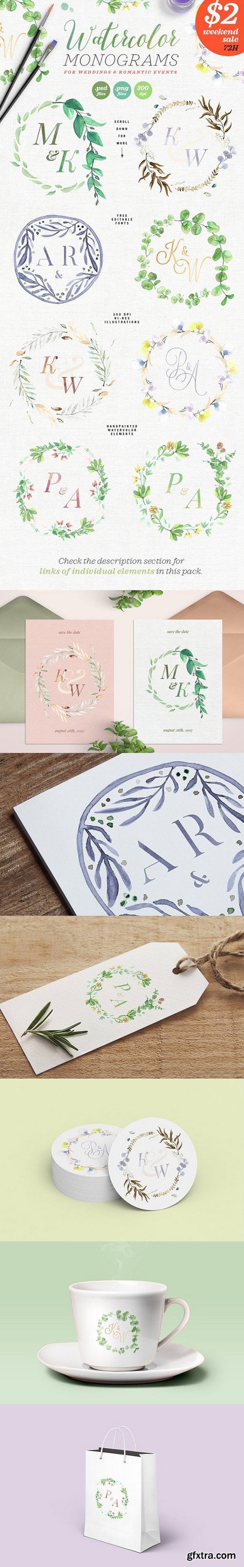 8 Watercolor Wedding Monograms