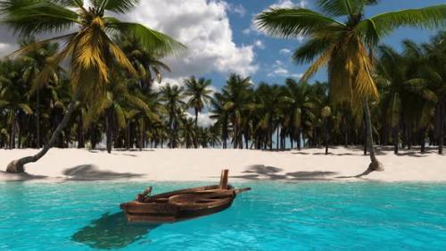 Videohive - Tropical beach with palm trees and a boat on the sea. Exotic vacation at sea. - 36067612 - 36067612