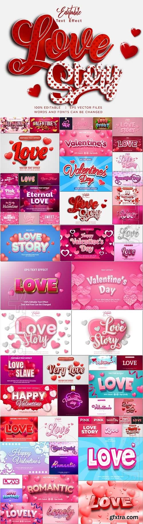 Bundle romantic Valentines 3d editable text effect in vector set