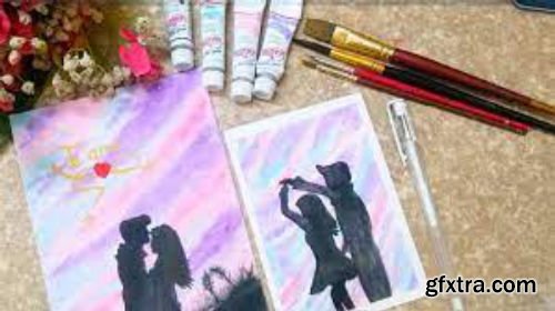 Cotton candy sky with silhouette painting using watercolors