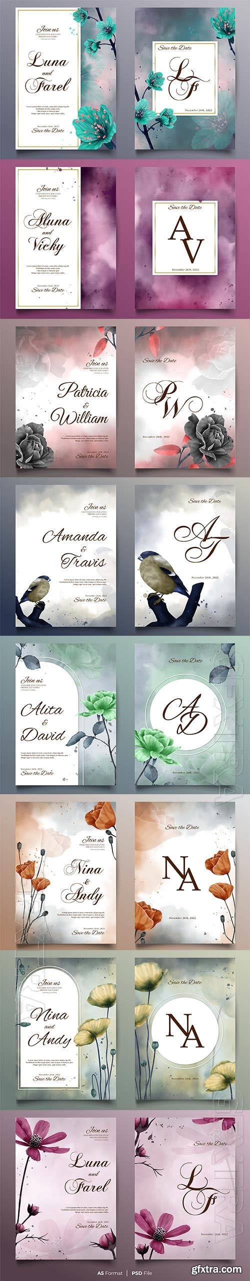 Watercolor wedding invitation card in psd