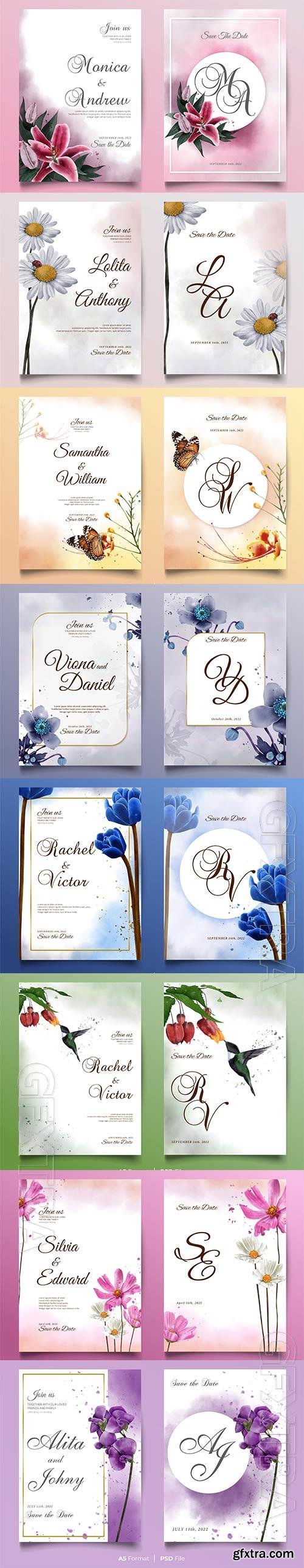 Psd watercolor wedding invitation card with flower