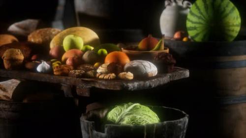 Videohive - Food Table with Wine Barrels and Some Fruits Vegetables and Bread - 36343608 - 36343608