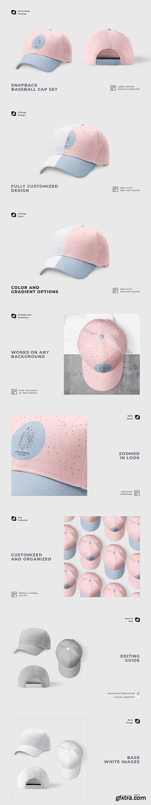 CreativeMarket - Snapback Baseball Cap Set Mockup 6893028