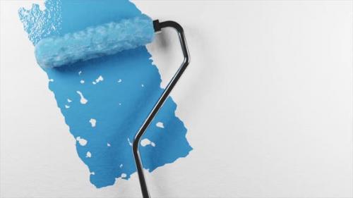 Videohive - A paint roller with a chrome handle rolls blue paint onto a white wall. Render - 36267995 - 36267995