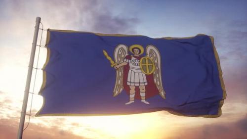 Videohive - Flag of Kyiv Capital City of Ukraine Waving in the Wind Sky and Sun Background - 36394461 - 36394461