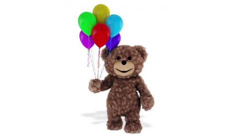 Videohive - Teddy Bear Shows Balloons Looped White Background - 36318699 - 36318699