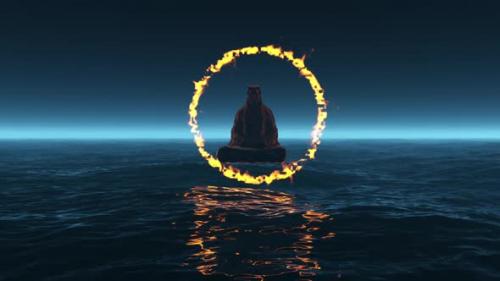 Videohive - A yogi with a fiery aura sits in meditation over the endless ocean of life. - 36403648 - 36403648