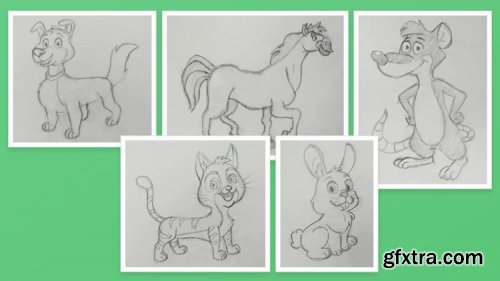  Animal Character Drawing (Cat, Dog, Horse, Rabbit & Mouse)