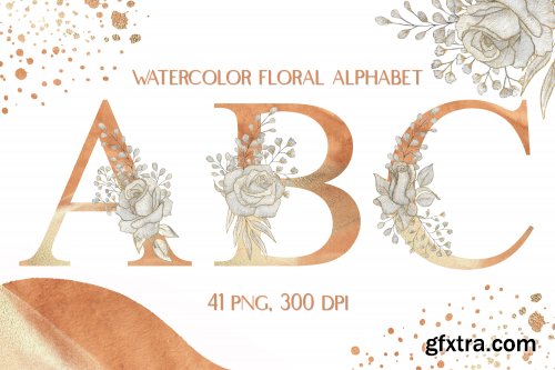 Designbundles - Watercolor Sublimation Floral Alphabet Neutral Colors