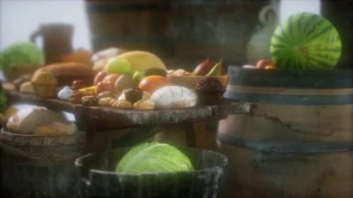 Videohive - Food Table with Wine Barrels and Some Fruits Vegetables and Bread - 36404555 - 36404555