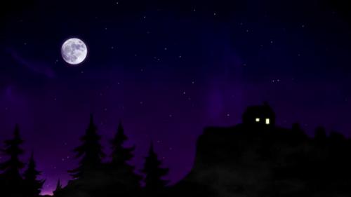 Videohive - Night Starry Sky Star With Moon, Home Light, Tree - 36458987 - 36458987