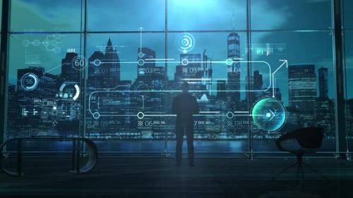 Videohive - Businessman And Infographics On The Background Of Skyscrapers 4K - 36406804 - 36406804