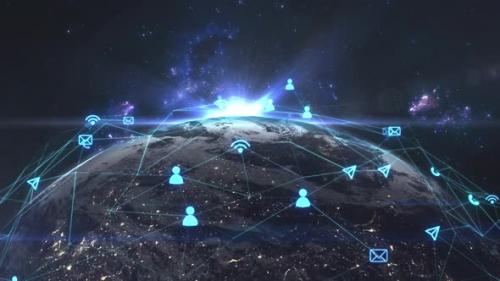 Videohive - Animation of a global network with wi fi icons, people, messages around the planet and interconnecte - 36738552 - 36738552