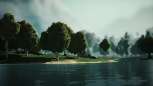 Videohive - Cartoon Green Forest Landscape with Trees and Lake - 36736327 - 36736327