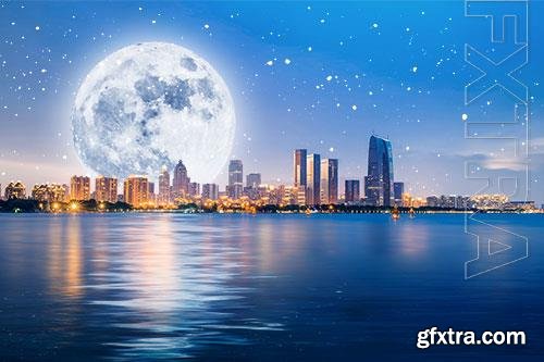 Psd Full Moon Over The City Background