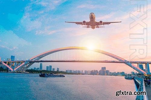 Psd Airplane Over The City Background